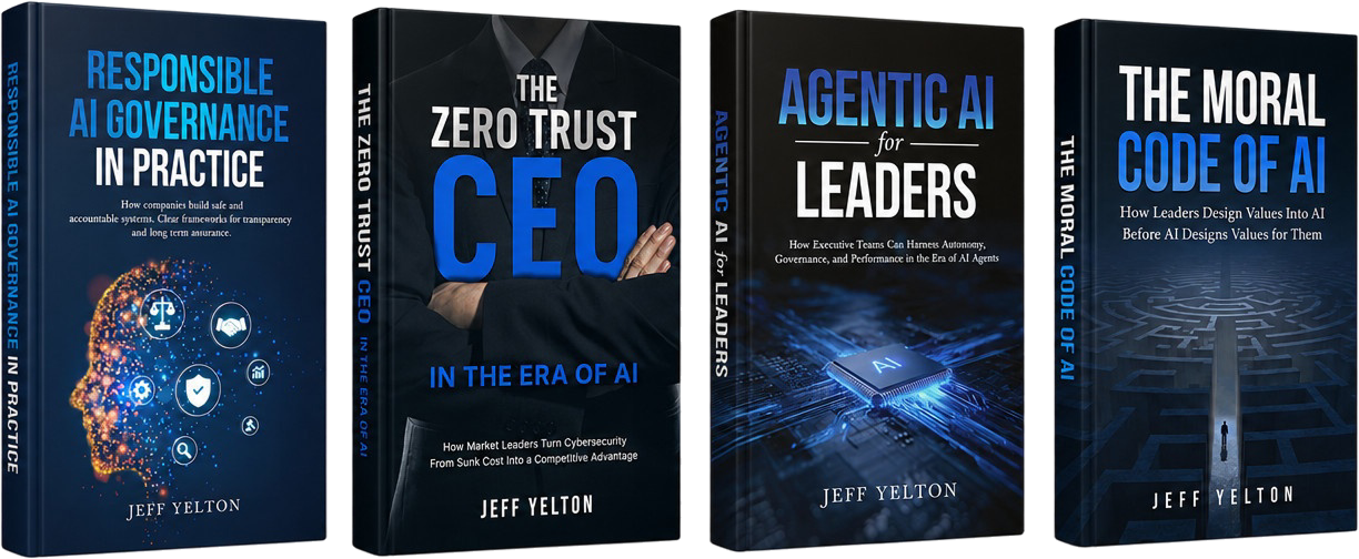 The four AI Books lined up: Responsible AI Governance in Practice, The Zero Trust CEO, Agentic AI for Leaders, and The Moral Code of AI
